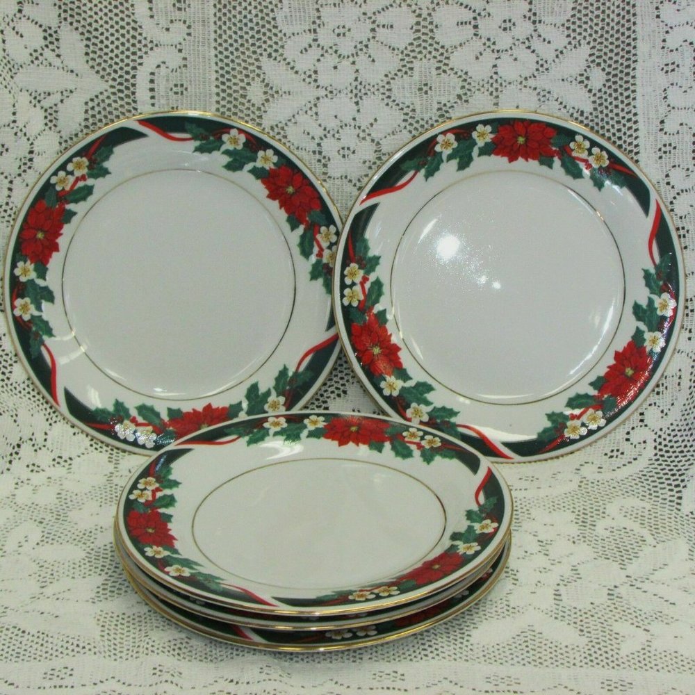 5 Christmas Salad or Cake Plates Tienshan Fine China DECK THE HALLS 7.5" Floral